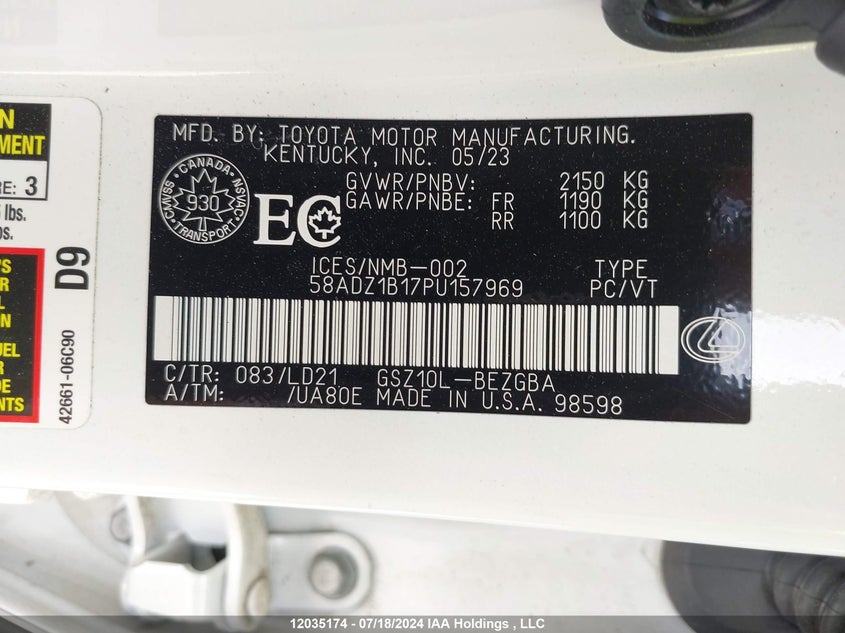 2023 Lexus Es350 VIN: 58ADZ1B17PU157969 Lot: 12035174