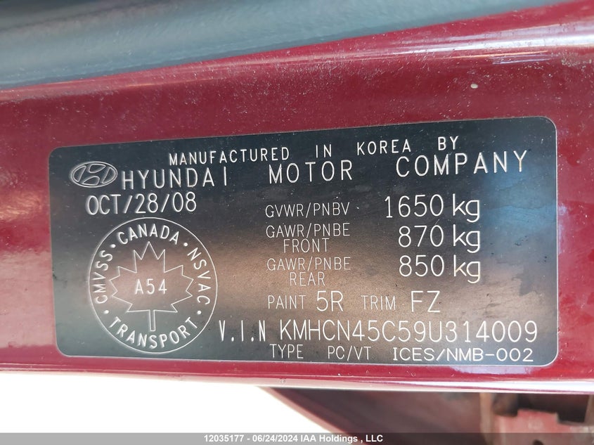 2009 Hyundai Accent VIN: KMHCN45C59U314009 Lot: 12035177