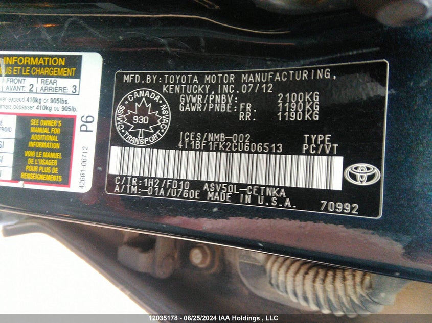 2012 Toyota Camry Le/Se/Xle VIN: 4T1BF1FK2CU606513 Lot: 12035178