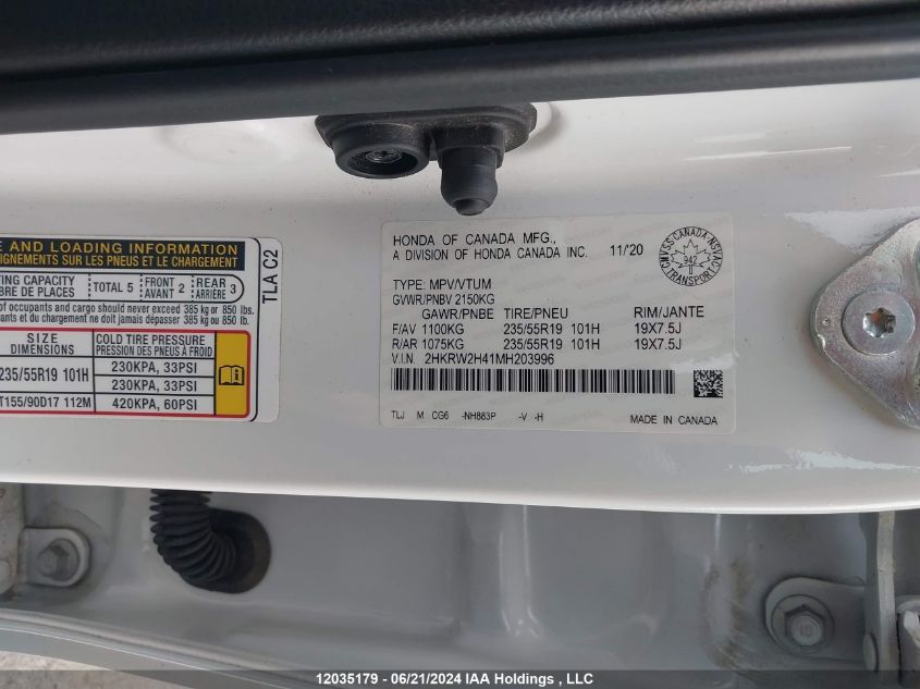 2021 Honda Cr-V Sport VIN: 2HKRW2H41MH203996 Lot: 12035179