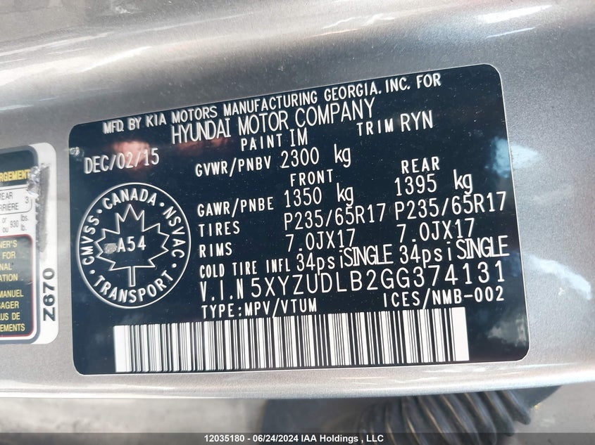 2016 Hyundai Santa Fe Sport VIN: 5XYZUDLB2GG374131 Lot: 12035180