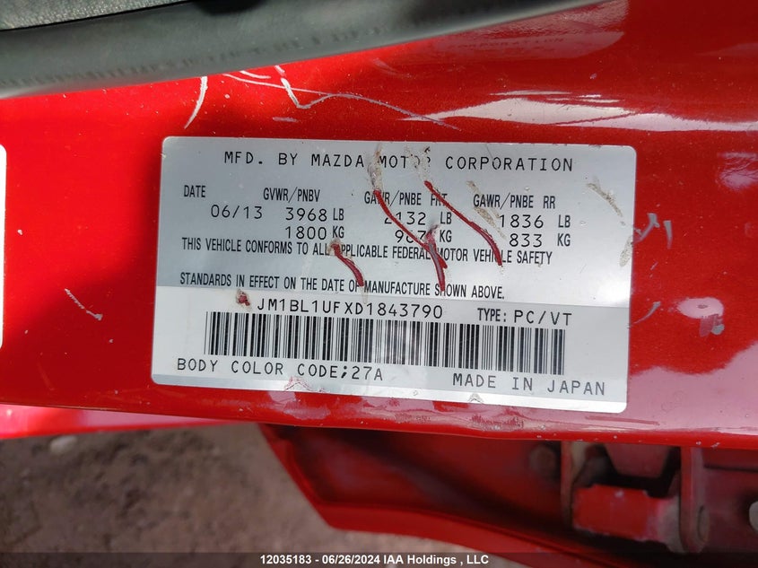 2013 Mazda Mazda3 VIN: JM1BL1UFXD1843790 Lot: 12035183