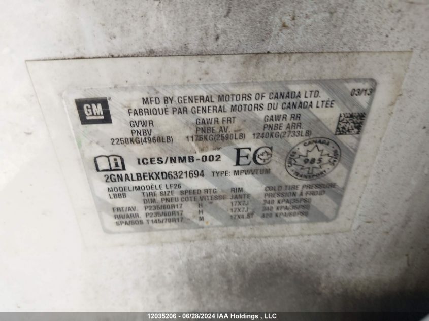2013 Chevrolet Equinox VIN: 2GNALBEKXD6321694 Lot: 12035206