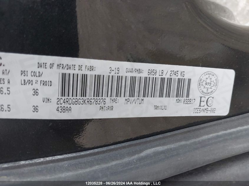 2019 Dodge Grand Caravan Cvp/Sxt VIN: 2C4RDGBG3KR678376 Lot: 12035228