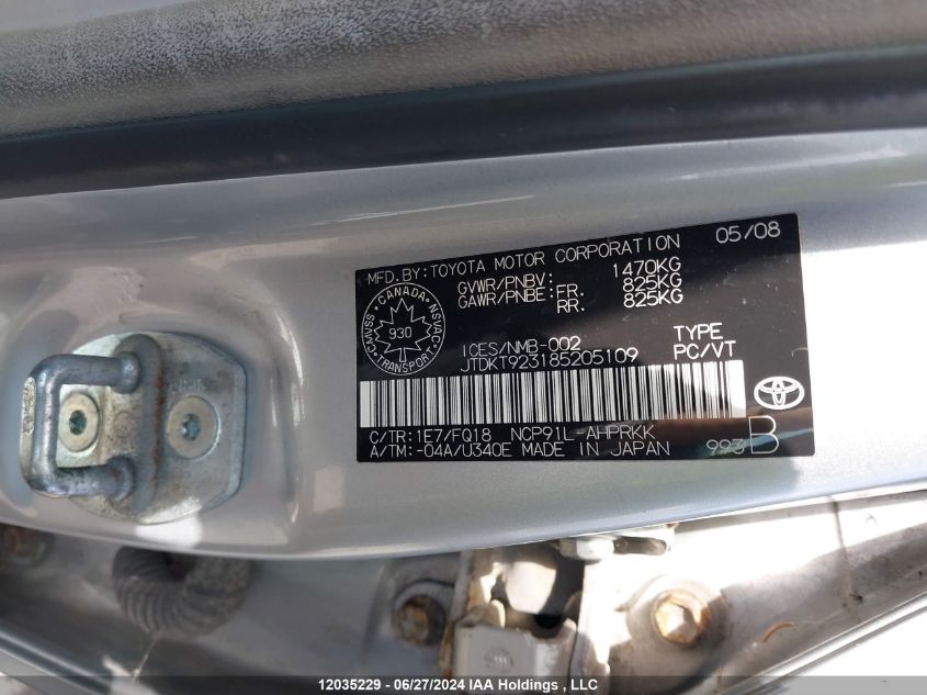 2008 Toyota Yaris VIN: JTDKT923185205109 Lot: 12035229