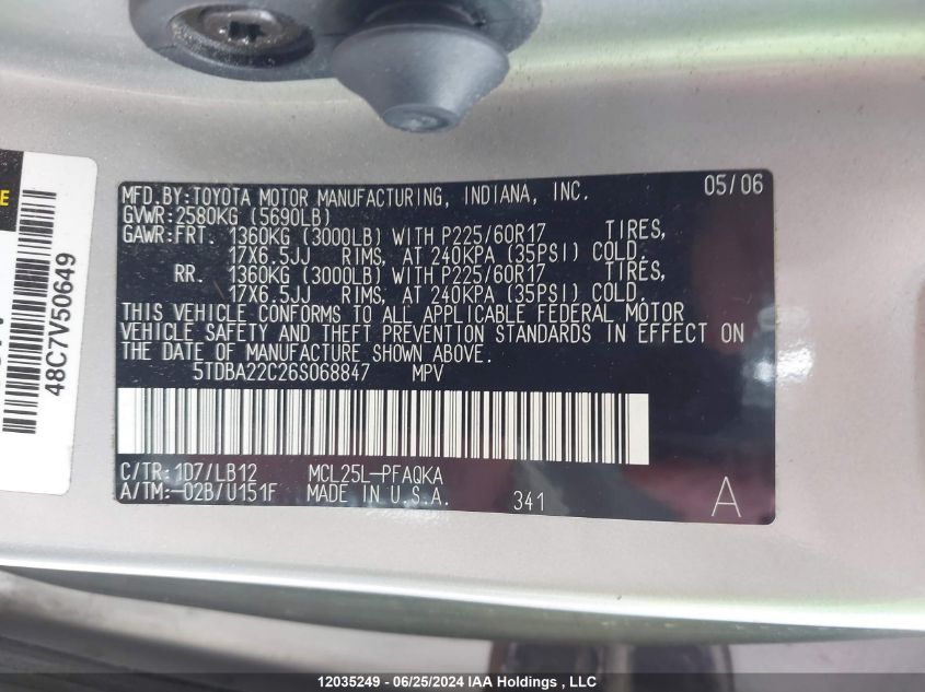 2006 Toyota Sienna Xle/Xle Limited VIN: 5TDBA22C26S068847 Lot: 12035249