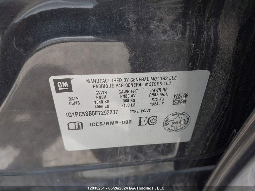 2015 Chevrolet Cruze Lt VIN: 1G1PC5SB5F7292237 Lot: 12035251