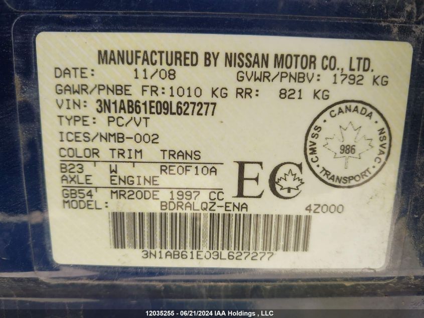 2009 Nissan Sentra 2.0/2.0S/2.0Sl VIN: 3N1AB61E09L627277 Lot: 12035255