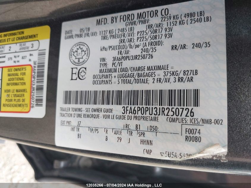 2018 Ford Fusion Energi Se Luxury VIN: 3FA6P0PU3JR250726 Lot: 12035266