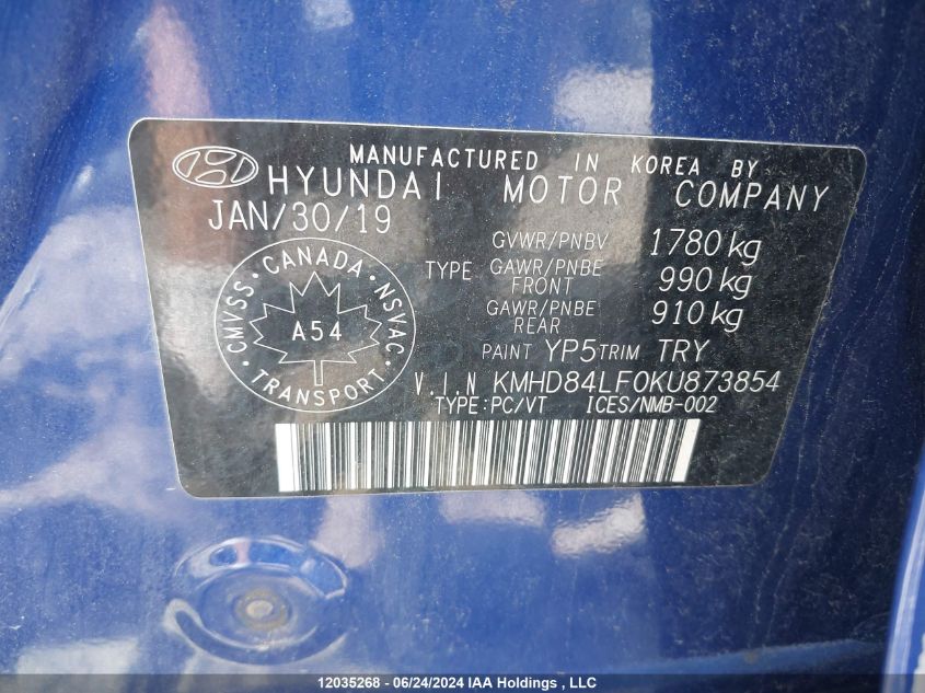 2019 Hyundai Elantra Preferred VIN: KMHD84LF0KU873854 Lot: 12035268