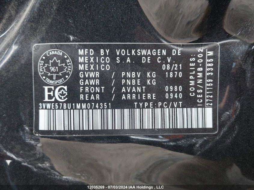 2021 Volkswagen Jetta VIN: 3VWE57BU1MM074351 Lot: 12035269