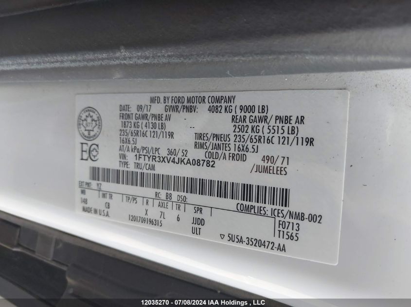 2018 Ford Econoline E250 VIN: 1FTYR3XV4JKA08782 Lot: 12035270