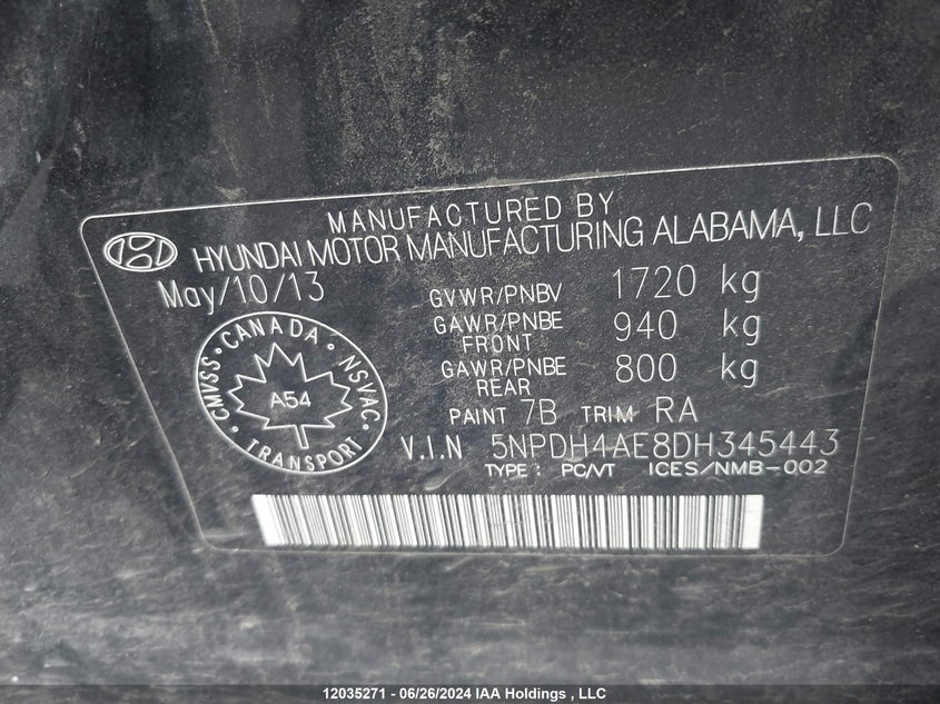 2013 Hyundai Elantra Gls/Limited VIN: 5NPDH4AE8DH345443 Lot: 12035271