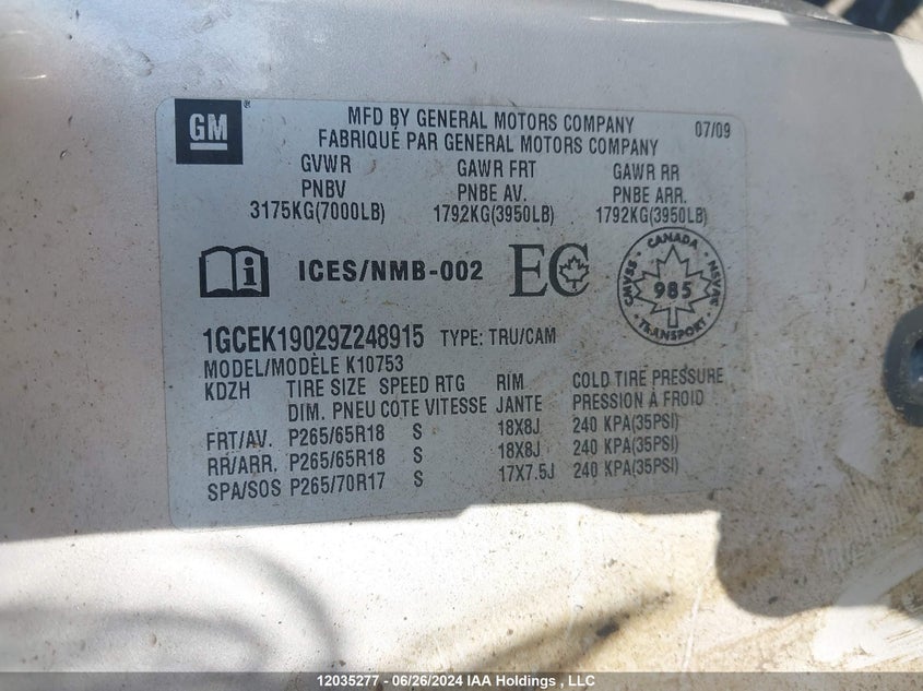 2009 Chevrolet Silverado 1500 VIN: 1GCEK19029Z248915 Lot: 12035277