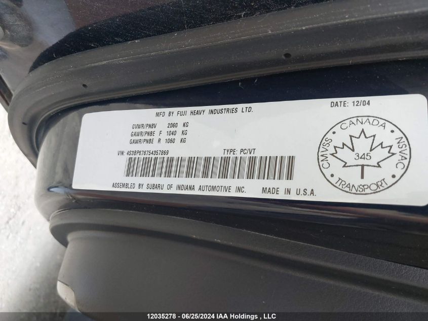 2005 Subaru Legacy VIN: 4S3BP676754357869 Lot: 12035278