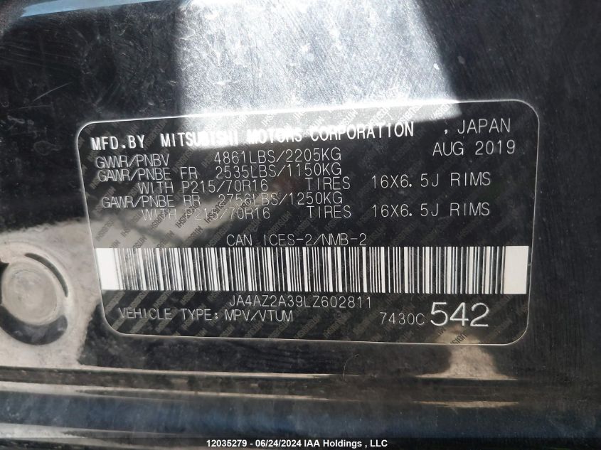 2020 Mitsubishi Outlander VIN: JA4AZ2A39LZ602811 Lot: 12035279