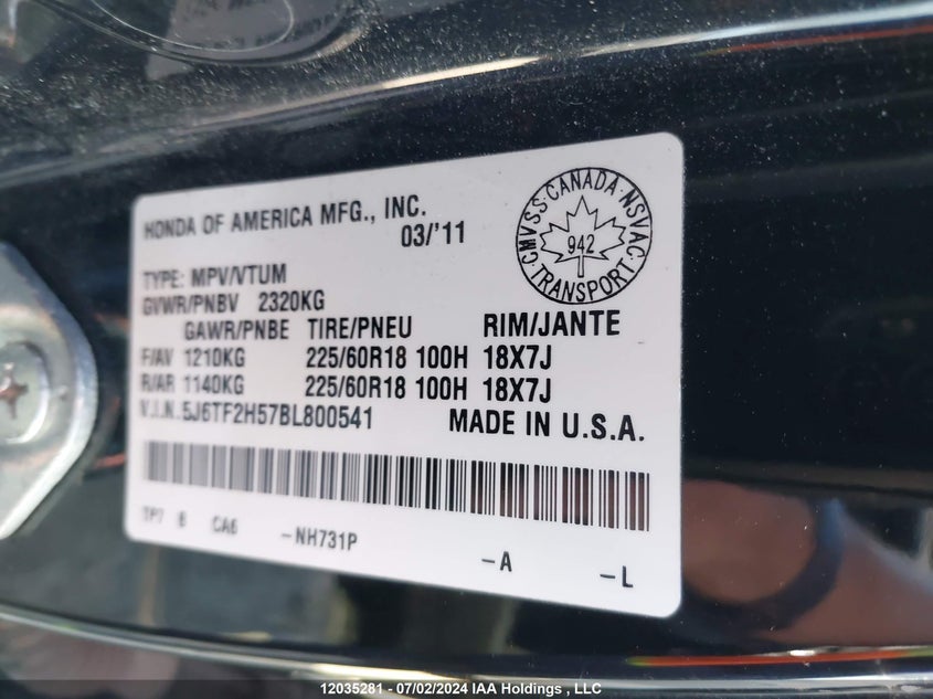 2011 Honda Accord Crosstour VIN: 5J6TF2H57BL800541 Lot: 12035281