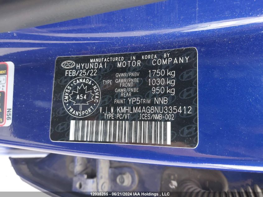 2022 Hyundai Elantra Sel VIN: KMHLM4AG8NU335412 Lot: 12035285