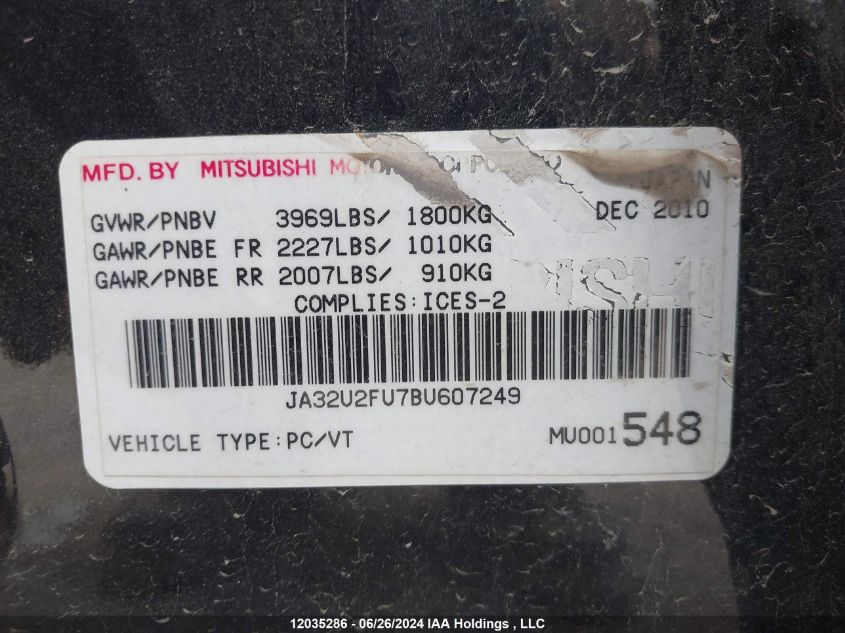 2011 Mitsubishi Lancer VIN: JA32U2FU7BU607249 Lot: 12035286