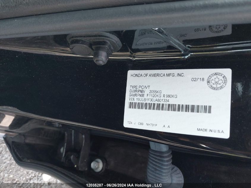 2018 Acura Tlx VIN: 19UUB1F30JA801334 Lot: 12035287