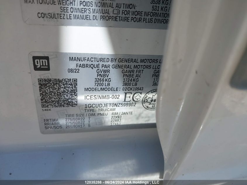 2022 Chevrolet Silverado 1500 VIN: 1GCUDJET0NZ598902 Lot: 12035288