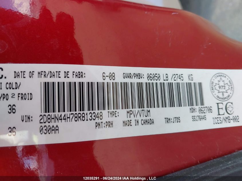 2008 Dodge Grand Caravan Se VIN: 2D8HN44H78R813348 Lot: 12035291