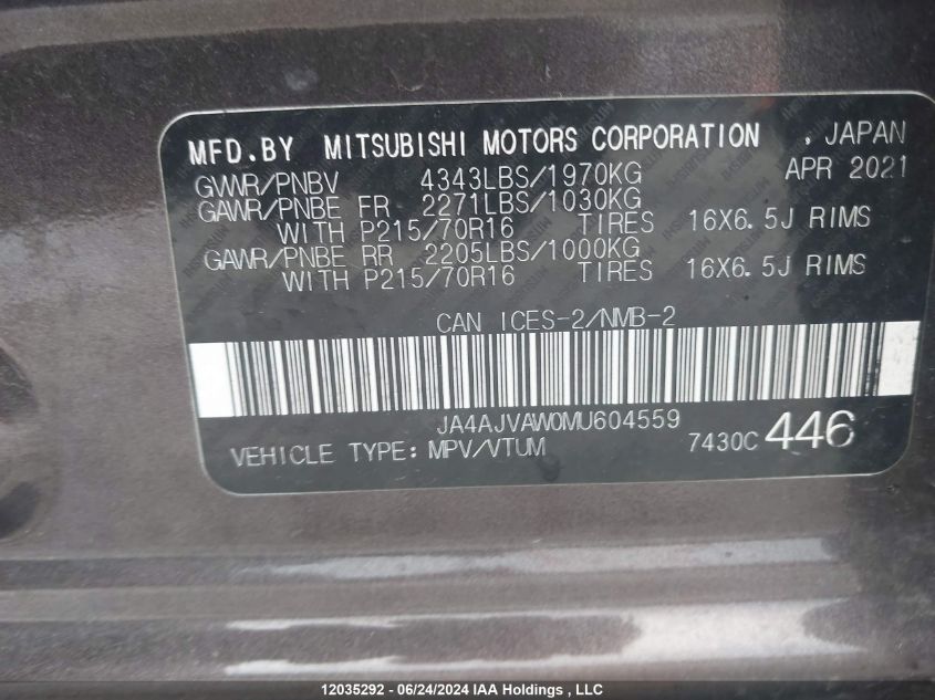 2021 Mitsubishi Rvr Se/Sel/Le/Gt VIN: JA4AJVAW0MU604559 Lot: 12035292