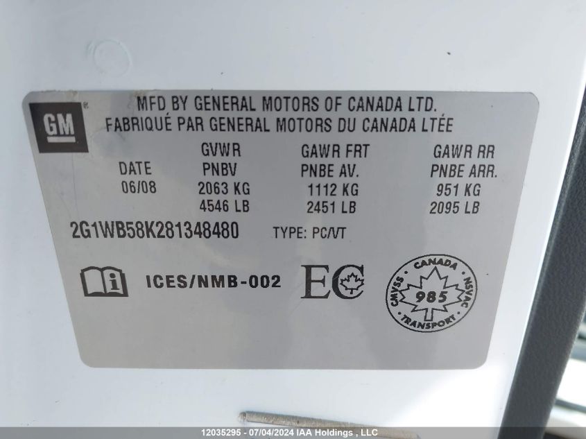 2008 Chevrolet Impala VIN: 2G1WB58K281348480 Lot: 12035295