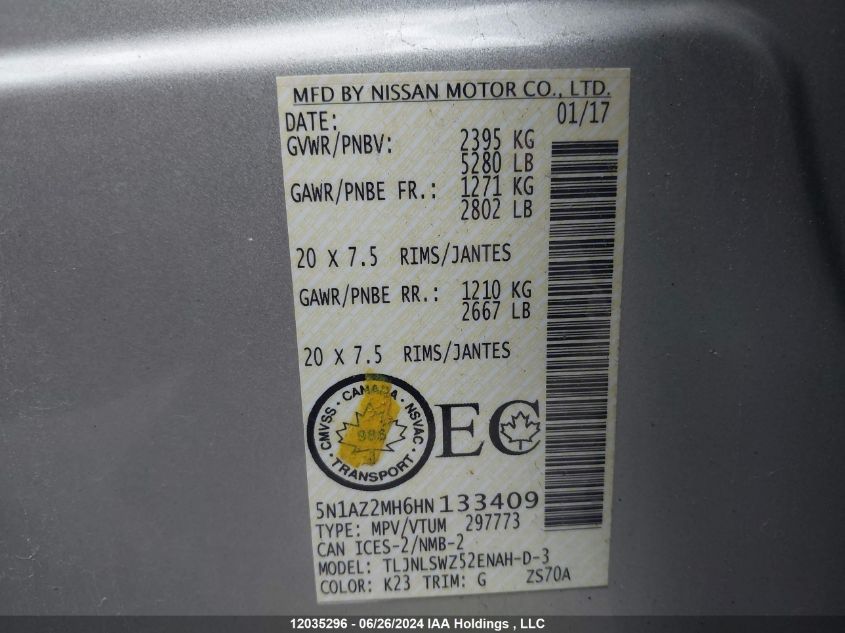 2017 Nissan Murano VIN: 5N1AZ2MH6HN133409 Lot: 12035296