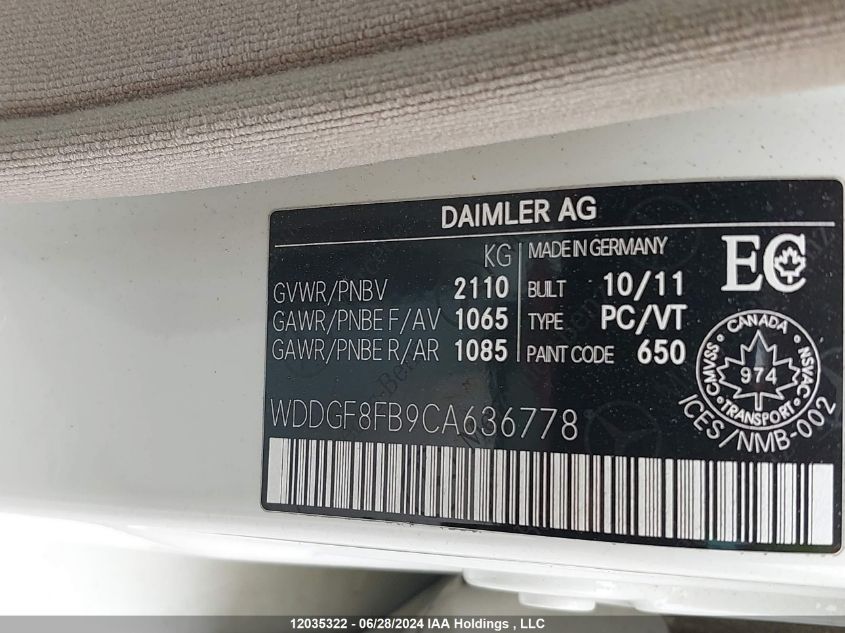 2012 Mercedes-Benz C-Class C 250 VIN: WDDGF8FB9CA636778 Lot: 12035322