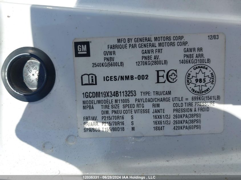 2004 Chevrolet Astro Cargo Van VIN: 1GCDM19X34B113253 Lot: 12035331