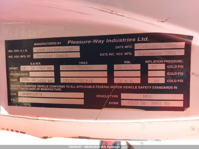 1994 Dodge Ram Van B350 VIN: 2B6KB31Y7RK115848 Lot: 12035347