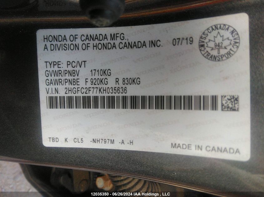 2019 Honda Civic Ex VIN: 2HGFC2F77KH035636 Lot: 12035350