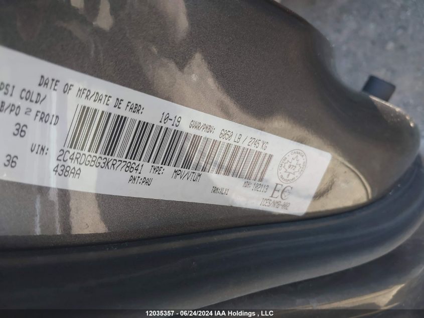 2019 Dodge Grand Caravan Cvp/Sxt VIN: 2C4RDGBG3KR778641 Lot: 12035357