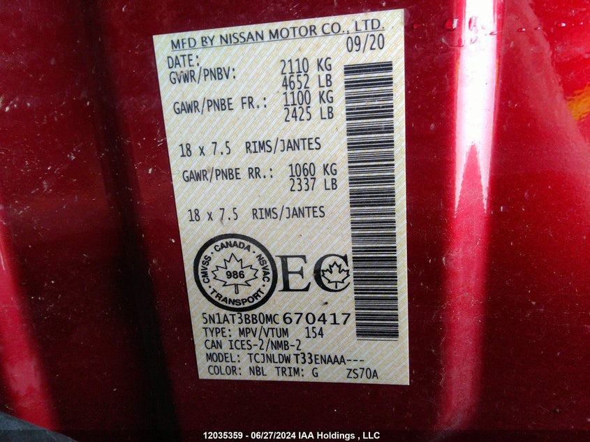 2021 Nissan Rogue VIN: 5N1AT3BB0MC670417 Lot: 12035359