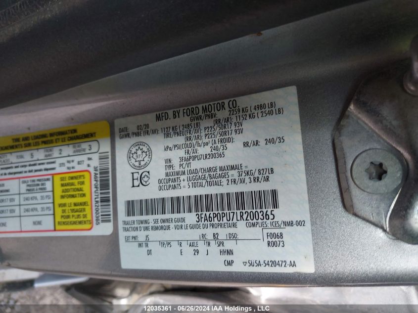 2020 Ford Fusion Energi Sel VIN: 3FA6P0PU7LR200365 Lot: 12035361