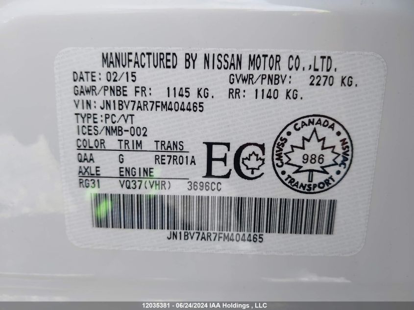 2015 Infiniti Q50 VIN: JN1BV7AR7FM404465 Lot: 12035381