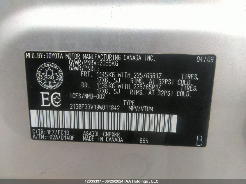 2009 Toyota Rav4 VIN: 2T3BF33V19W011842 Lot: 12035397