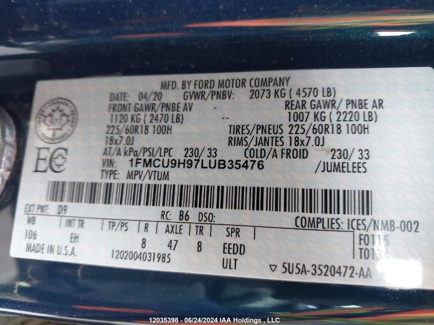 2020 Ford Escape VIN: 1FMCU9H97LUB35476 Lot: 12035398