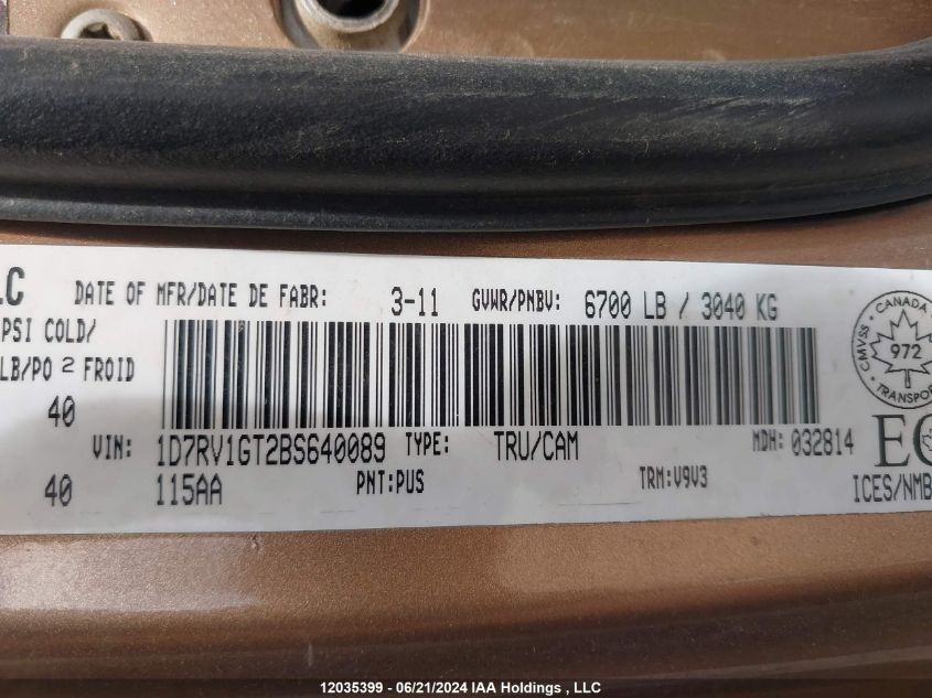 2011 Dodge Ram 1500 VIN: 1D7RV1GT2BS640089 Lot: 12035399