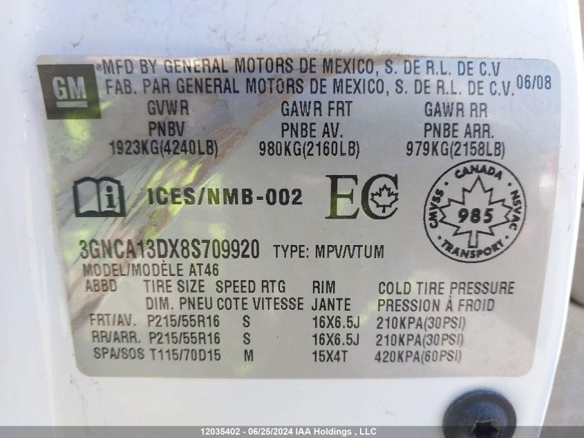 2008 Chevrolet Hhr Ls VIN: 3GNCA13DX8S709920 Lot: 12035402