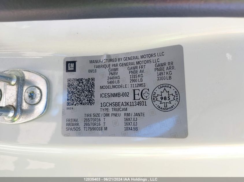 2019 Chevrolet Colorado VIN: 1GCHSBEA3K1134931 Lot: 12035403