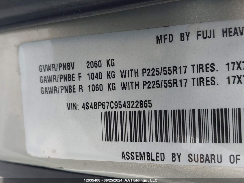 2005 Subaru Legacy Outback 2.5 Xt Limited VIN: 4S4BP67C954322865 Lot: 12035406