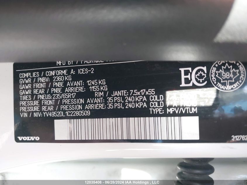 2012 Volvo Xc60 VIN: YV4952DL1C2280509 Lot: 12035408