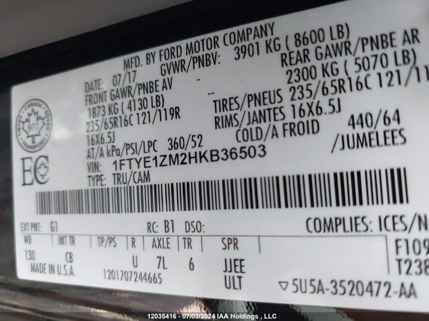 2017 Ford Transit T-150 VIN: 1FTYE1ZM2HKB36503 Lot: 12035416