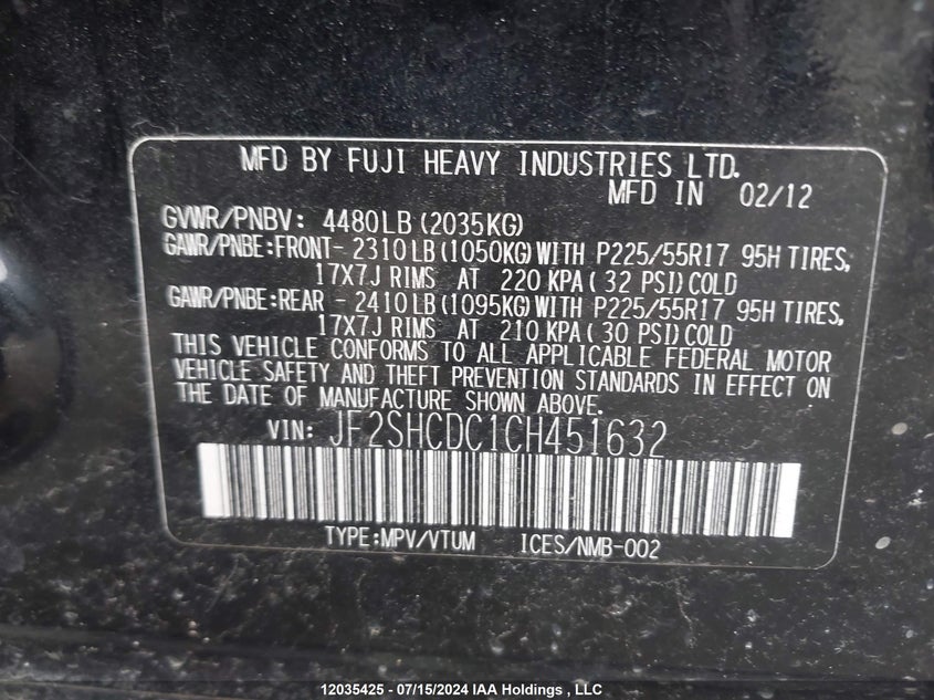 2012 Subaru Forester VIN: JF2SHCDC1CH451632 Lot: 12035425