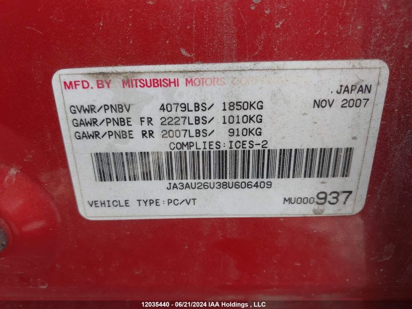 2008 Mitsubishi Lancer Es VIN: JA3AU26U38U606409 Lot: 12035440