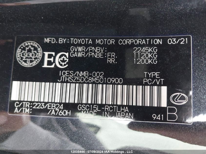 2021 Lexus Rc 350 VIN: JTHSZ5DC8M5010900 Lot: 12035444