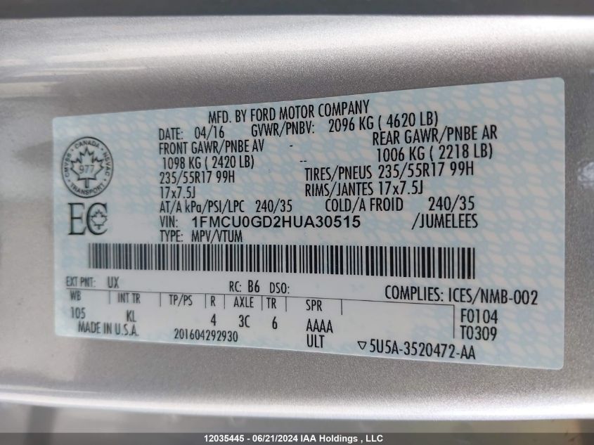 2017 Ford Escape Se VIN: 1FMCU0GD2HUA30515 Lot: 12035445