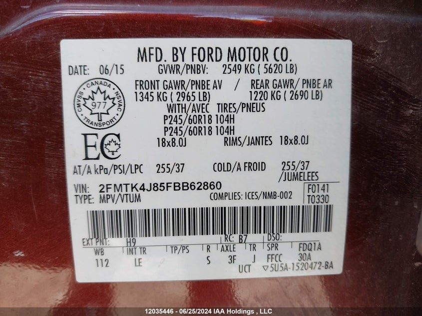 2015 Ford Edge Sel VIN: 2FMTK4J85FBB62860 Lot: 12035446